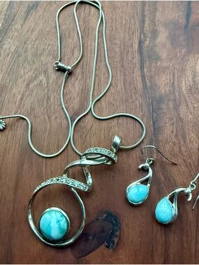 Marahlago Sterling Silver Larimar Dante White Sapphire Necklace & Earrings Set
